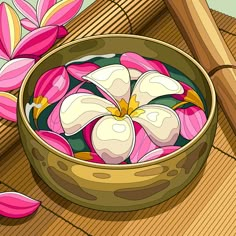 a bowl filled with pink flowers sitting on top of a wooden floor next to a bamboo mat