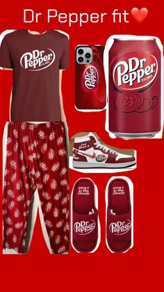 a man in pajamas and shoes is standing next to a can of dr pepper soda