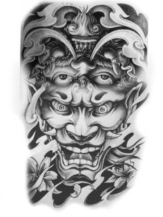 an artistic tattoo design on the back of a man's arm, with two faces and