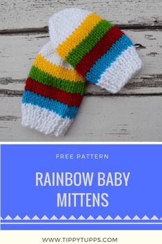 a knitted rainbow baby mitten with text overlay that reads free pattern for a crochet newborn hat