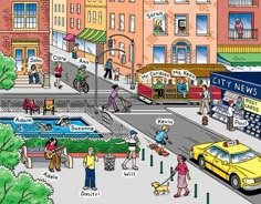 an illustrated city street scene with people walking and cars