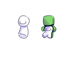 two cartoon characters one with a green hat and the other with a white shirt on