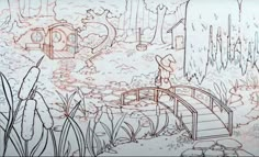 a drawing of a bridge in the woods