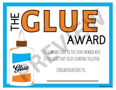 a blue and orange sign that says the glue award with an image of a bottle