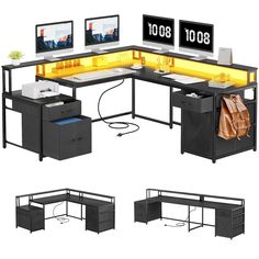 three computer desks with monitors and keyboards on top of each one in different positions