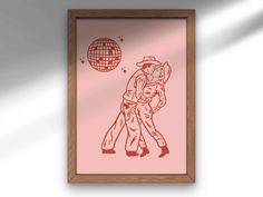 a drawing of a man and woman kissing in front of a disco ball on a pink background