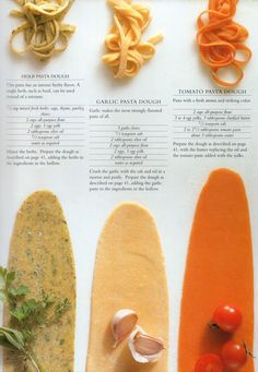 four different types of pasta are shown in this brochure