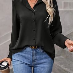 Faster shipping. Better service Black Button Up Shirt, Black Shirts Women, Black Long Sleeve Shirt, Simple Shirts, Loose Shirts, Plain Shirts, Dress Shirts For Women, Inspiration Mode, Plus Size Blouses