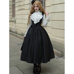 A young lady who runs through the night and travels through the pitch-black darkness. She wears a jumper skirt with lace-up decoration on the back, a short jacket, and a blouse with a statement jabot. Enjoy the mysterious atmosphere that lurks in the darkness. 
 
 
 Item 
 
 Jumper skirt - long length (*with flower ribbon) 
 Jumper skirt - Short length (*with flower ribbon) 
 Short jacket 
 Blouse (*with jabot) 
 
 
 Size 
 
 Jumper skirt - long length 
 
 S size 
 
 Length: 117cm 
 Shoulder wid Gothic Skirt For Costume Party In Fall, Gothic Skirt For Fall Costume Party, Steampunk Victorian Dress For Costume Party, Victorian Ruffled Skirt, Elegant Black Skirt For Costume, Vintage Skirt For Costume Party, Evening Victorian Dress For Fall, Short Pollera, Evening Blouses