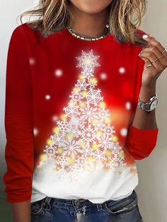 Buy Inexpensive T-shirts at Zolucky online store, SPU: 2946T-920570, Color: Red, Style:Casual, Edition type:Loose. Cheap Long Sleeve T-shirt For Holidays, Cheap Red Winter T-shirt, Red Printed Long Sleeve T-shirt, Red Long Sleeve Holiday T-shirt, Cheap Women's Christmas T-shirt, Blouse Outfit, Neck Pattern, Blending, Christmas Women