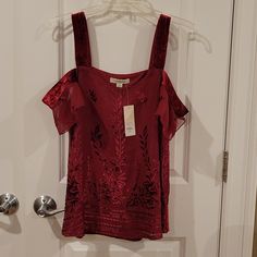 Nwt Fancy Top. Flattering Neckline, Loose Fit. Burgundy Short Sleeve Tops For Spring, Fitted Casual Top For Festive Occasions, Chic Red Holiday Tops, Festive Red Short Sleeve Tops, Casual Holiday Tops For Night Out, Red Short Sleeve Tops For Evening, Fitted Burgundy Summer Blouse, Fitted Burgundy Blouse For Summer, Fancy Top