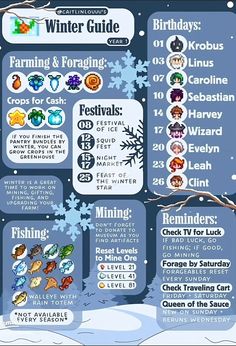 the winter guide is shown in this graphic style, with snowflakes and trees