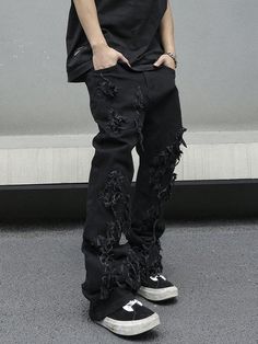 Black  Collar  Denim Plain Skinny Embellished Medium Stretch  Men Clothing Black Ripped Pants Outfit, Ripped Cargo Jeans, Ripped Pants Outfit, Ripped Jeans Aesthetic, Black Baggy Jeans, Emma Myers, Emo Men, Ripped Pants, Stylish Men Casual