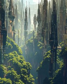 a futuristic city surrounded by trees in the middle of a forest filled with lots of tall buildings