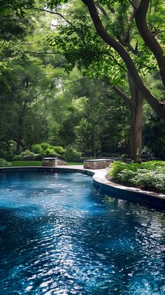 an outdoor swimming pool surrounded by lush green trees and shrubbery, with blue water running through it