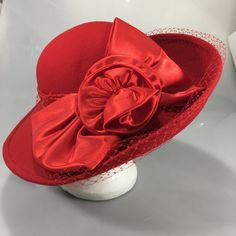 Red Felt With Matching Satin Bow And Netting One Size Fits Most Brim - 3 Inch, Crown - 3 1/2 Inch Inner Circumference - 22 1/2 Inches Very Good Condition With A Few Small Pits Under The Brim - See Last Photo Red Short Brim Hats For Church, Red Fitted Hat For Formal Occasions, Formal Fitted Red Hat, Red Vintage Mini Hats With Curved Brim, Red Brimmed Hat For Church, Red Brimmed Church Hat, Red Vintage Mini Hats For Kentucky Derby, Vintage Red Mini Hat For Kentucky Derby, Vintage Red Hat For Kentucky Derby