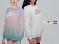 two women wearing nike sweatshirts and shorts with the same color as their clothing,