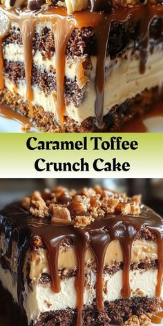 caramel toffe crunch cake on a plate with chocolate sauce drizzled over the top