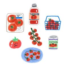 some food items are drawn in colored pencils and watercolor on paper, including tomatoes, ketchup, mayonnaise