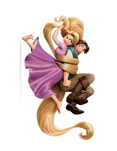 the tangled princess and prince are flying through the air with their hair blowing in the wind