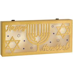 an illuminated hanukkah box with the word happy hanukkah on it