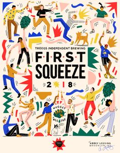 the first squeezeze poster is shown with people dancing and drinking in different colors, including red