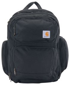 a black backpack with an orange logo on the front and side pocket, sitting upright