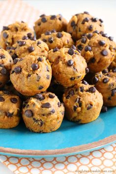 chocolate chip muffins on a blue plate