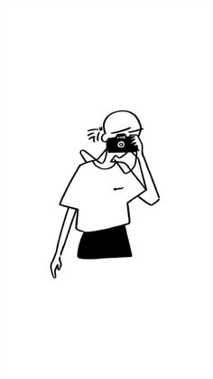 a black and white drawing of a person with a camera