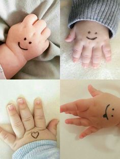 four different pictures of hands with faces and hearts on them, one has a smiley face