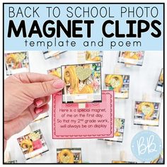 the back to school photo magnet clips are shown with pictures on it and in front of them