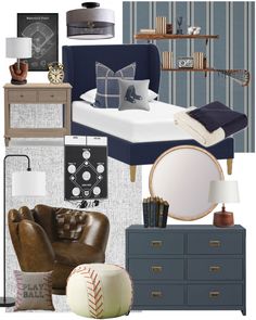 a collage of furniture and decor items including a bed, chair, desk, lamp, bookshelf