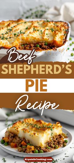 beef shepherd's pie recipe on a plate with text overlay that reads beef shepherd's pie