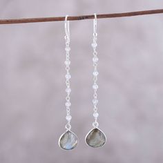 Natural labradorite gems fall from the ears, punctuated by glistening teardrops at the bottom of these Indian dangle earrings. Neetu Barathi designs the earrings, crafting them with hooks and links of sterling silver. Sweet Earrings, Rose Quartz Earrings, Labradorite Earrings, Quartz Earrings, Jewelry Packaging, Hook Earrings, Cultured Pearls, Jewelry Gift Box, Free Jewelry