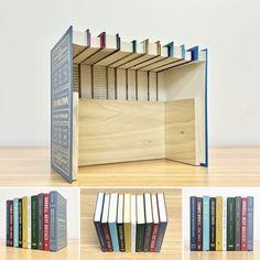 several books are stacked in the shape of a bookcase, with different colors and sizes