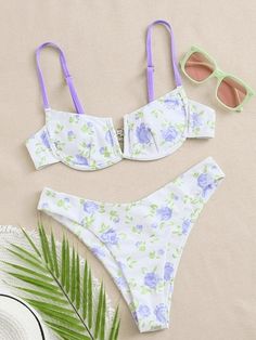 Ditsy Floral Underwire Bikini Set - HouseofHalley Female Swimsuit, Swimsuit Two Piece, Floral Swimwear, Lilac Blue, Swimming Bathing Suits, Cute Bikinis, Beach Wears, Ditsy Floral, Beach Wear