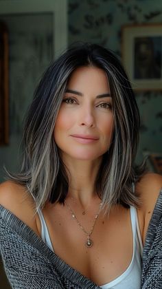 Black Hair Bun Styles, Hairstyles With Highlights, Black Hair Bun, Hair Bun Styles, Grey Blending, Grey Hair Transformation, Ash Hair Color, Grey Hair Inspiration, Beautiful Gray Hair