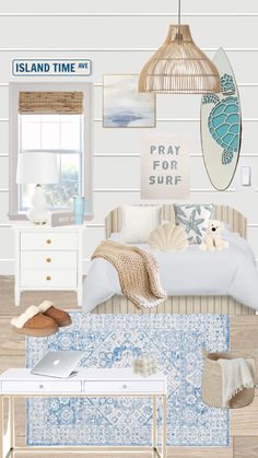 a bedroom with blue and white decor, including a surfboard hanging above the bed