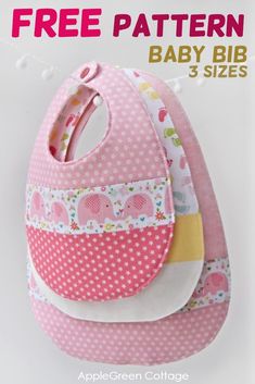 a pink bib with an elephant on it and the words free pattern baby bibs 3 sizes