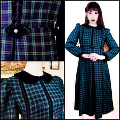 Vintage 1990s 90s Plaid Tartan Dress Black Velvet Peter Pan Collar Long Puff Sleeves Midi Length 100% Cotton Black Velvet Trim And Black And Green Velvet Flowers/Leaves At Bust And Waistline Empire Waist Babydoll Dress Tie Waist Kidcore/Goth/Dark Academia Grunge Wednesday Addams Vibes Brand: Bonnie Jean Condition: Excellent, No Visible Flaws Measurements: Fits A Size Medium (Note: Bonnie Jean Is Technically A Kid's Brand, But This Dress Can Very Easily Fit A Grown Adult, See Measurements) Bust - 37" Empire Waist - 35" (Can Tie Smaller) Hips - Free Retro Fitted Vintage Dress For Winter, Fitted Retro Vintage Dress For Winter, Blue Vintage Winter Dresses, Vintage Plaid Dress For Winter, Vintage Plaid Winter Dress, Green Vintage Dress For Fall, Retro Winter Daywear Dresses, Retro Blue Dress For Fall, Retro Blue Dresses For Fall