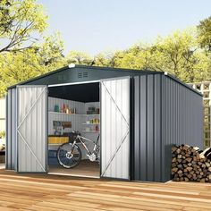 a metal shed with a bicycle parked in it