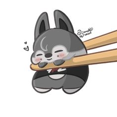 a cartoon bunny holding two wooden chopsticks in it's mouth and smiling