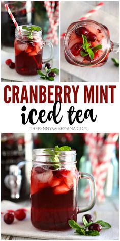 cranberry mint iced tea in a mason jar