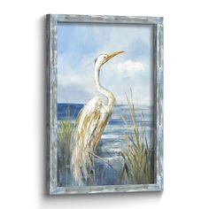 a painting of a white bird standing in the water