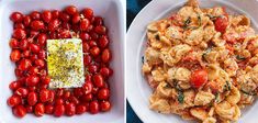 two plates with different types of food on them, one has tomatoes and the other has pasta