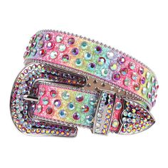 Unisex Fashion Alligator Rainbow Multi Color Leather Belt Featuring Multi Color Rhinestones And Rose Gold Buckle Decorated With Multi Color Rhinestones Rainbow Belt, Belt Store, Rainbow Belts, Western Bling, Bling Belts, Cowgirl Jeans, Rhinestone Belt, Estilo Punk, Studded Belt