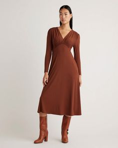 Tencel Jersey V-Neck Long Sleeve Midi Dress Brown Maxi Dresses, Ethical Clothing Brands, Empire Waistline, Navy And Brown, Ethical Clothing, Sleeve Midi Dress, Long Sleeve Midi, Long Sleeve Midi Dress, Classic Silhouette