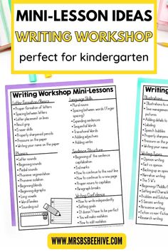 two worksheets with the words writing workshop written on them, and an image of a