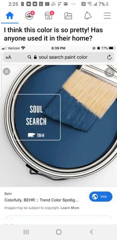 a blue paint can with the words soul search on it, and an image of a brush