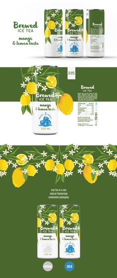 the packaging design for lemonade is shown in green and yellow colors, with white flowers on